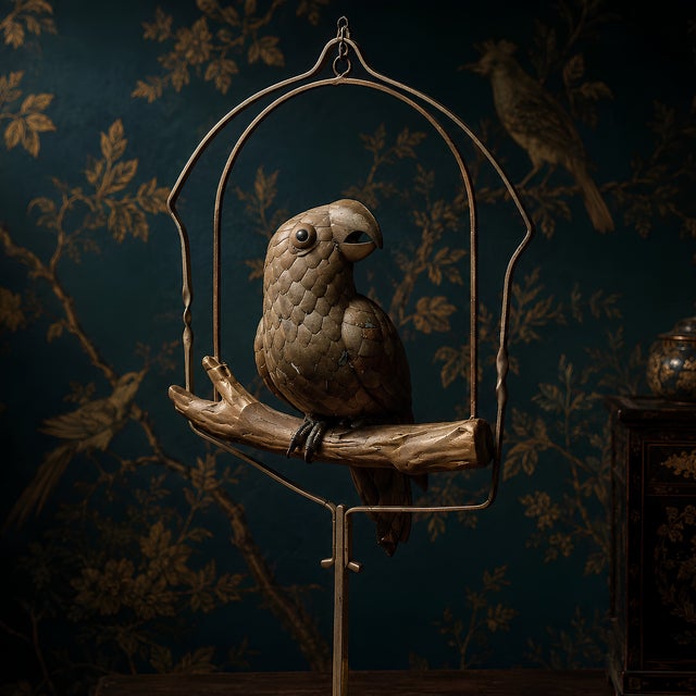 Mid-Century Modern Vintage Brass & Copper Parrot on Perch With Stand & Hoop, Attributed to S. Bustamonte For Sale - Image 3 of 10