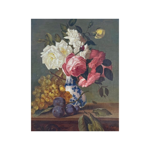 Still Life with Roses and Fruits, 1950s, Oil Painting on Canvas, Framed For Sale - Image 16 of 18