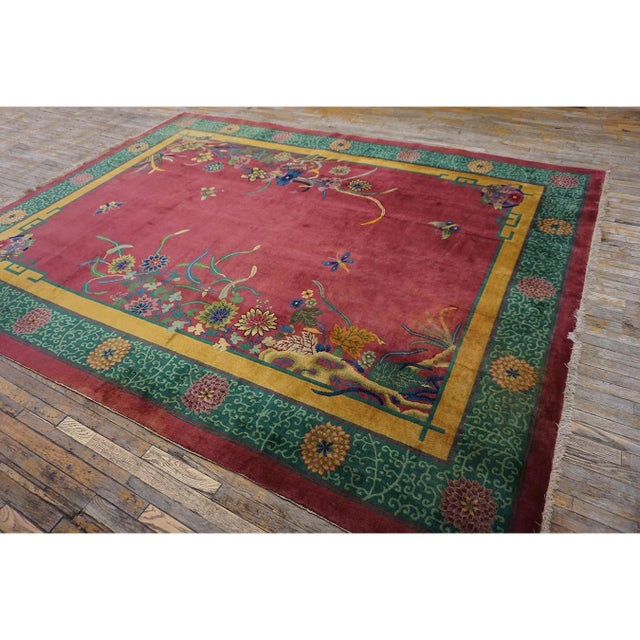 1920s Fuschia Open Field Floral Modern Antique Chinese Art Deco Knotted Wool Rug For Sale - Image 9 of 10