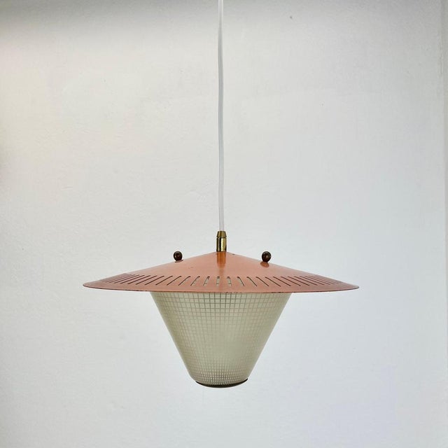 1950s Mid-Century Minimalist Brass and Metal Hanging Light in the style of Stilnovo, Italy, 1950s For Sale - Image 5 of 16