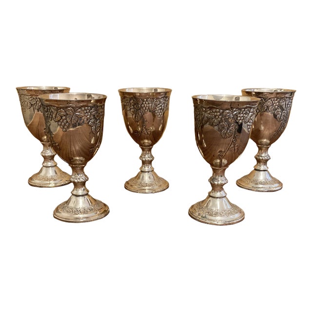 1940s Silverplate Wine Goblets With Grapes- Set of 5 For Sale