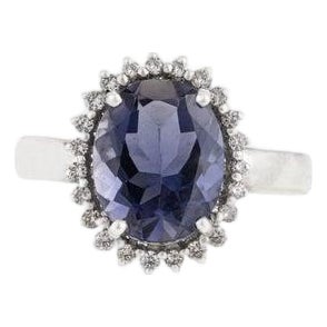 Antique Iolite Halo Ring With Diamond Accents in 925 Sterling Silver - Size 8.5 For Sale