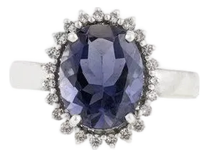 Antique Iolite Halo Ring With Diamond Accents in 925 Sterling Silver - Size 8.5