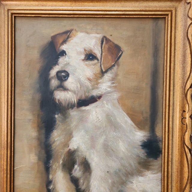 An oil on canvas portrait painting of a wire haired terrier dog. Framed. Unsigned
