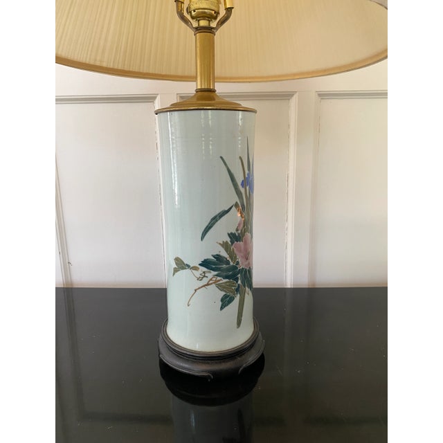 Wood Vintage Mid-Century Hand-Painted Ceramic and Brass Floral Lamp For Sale - Image 7 of 13
