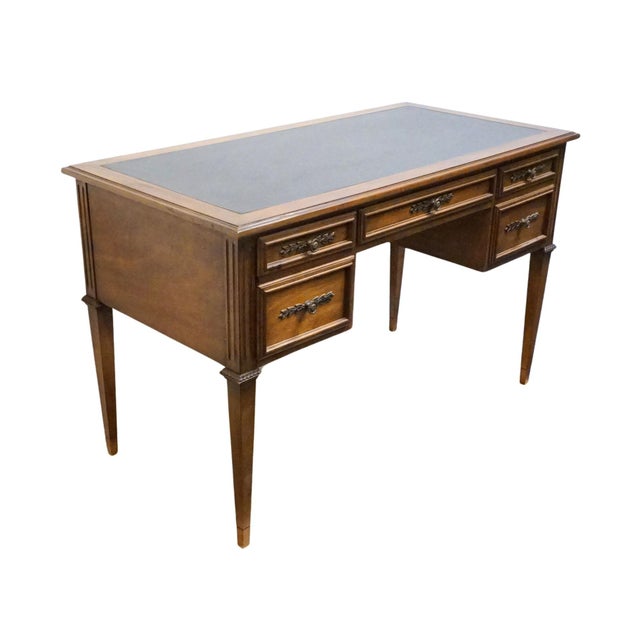 Sligh-Lowry Furniture Co. Sligh Furniture Solid Walnut Italian Provincial 46" Writing Desk W. Tooled Leather Top For Sale - Image 4 of 12