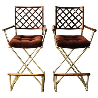 Vintage Brass Bamboo Director's Chair Barstools For Sale