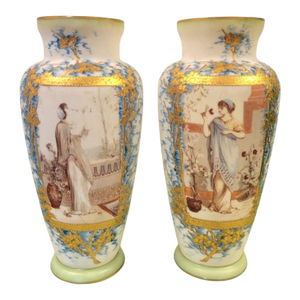 Italian Gold Brass Inlaid Vintage Roman Goddess/Peasant Decorative Vases- A Pair