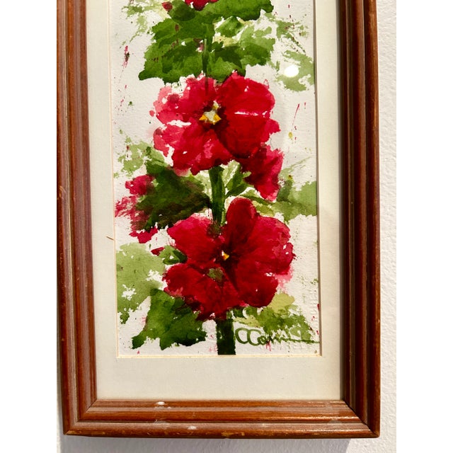 Cerise Framed Original Watercolor Tall Painting “Hollyhocks” Framed For Sale - Image 8 of 12