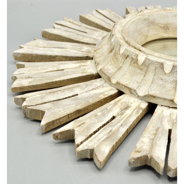 Organic White-Washed Carved Wood Sunburst Mirror For Sale - Image 10 of 11