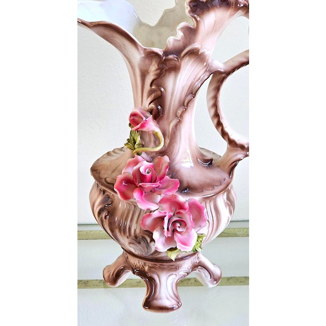 Pink Vintage Italian Capodimonte Porcelain Floral Pitcher Ewer / Vase For Sale - Image 8 of 18