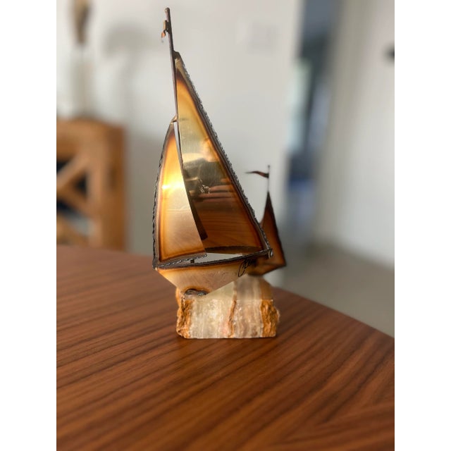 Nautical 1970s Vintage Brutalist Brass Sailboat Sculpture on Onyx Base Signed-Mario Jason For Sale - Image 3 of 9