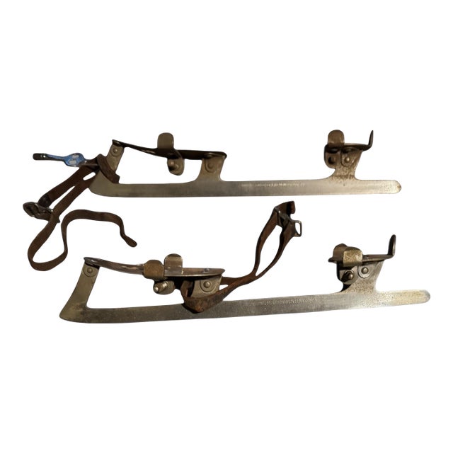 Pair Primitive Antique Metal Ice Skates With Leather Straps Union Hardware 11.5 For Sale