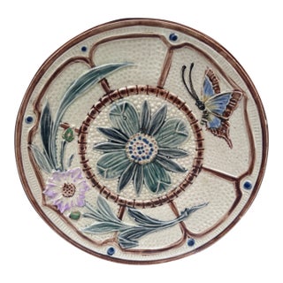 Majolica Flowers & Butterfly Plate Wasmuel Circa 1890 For Sale