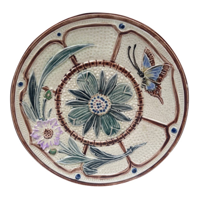 Majolica Flowers & Butterfly Plate Wasmuel Circa 1890 For Sale