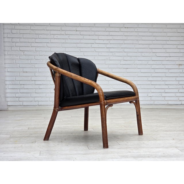 Danish Armchair in Rattan and Black Leatherette, 1970s For Sale - Image 18 of 18