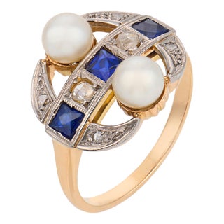 1910s Edwardian Pearl Diamond Sapphire Two Tone Dinner Ring, Size 6 For Sale