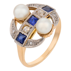 1910s Edwardian Pearl Diamond Sapphire Two Tone Dinner Ring, Size 6