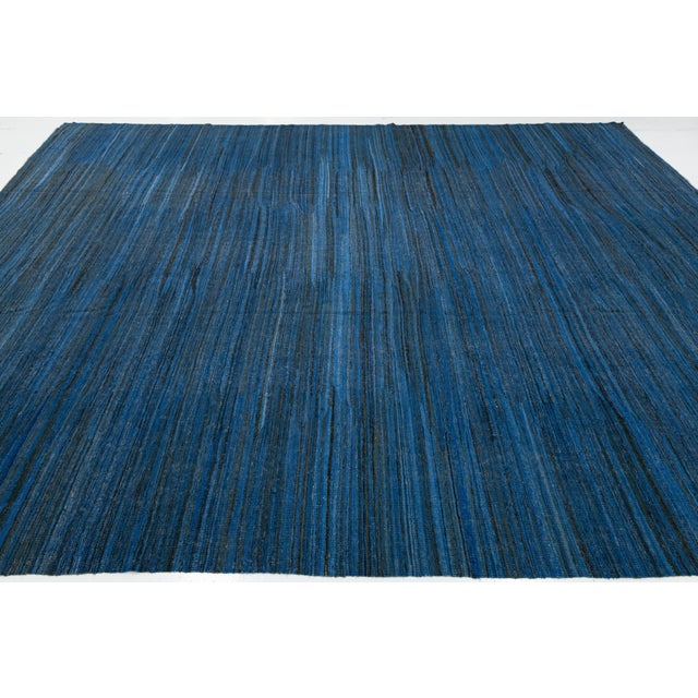 2020s Modern Handmade Deep Indigo Wool Kilim Rug – Minimalist Contemporary Flatweave For Sale - Image 5 of 12