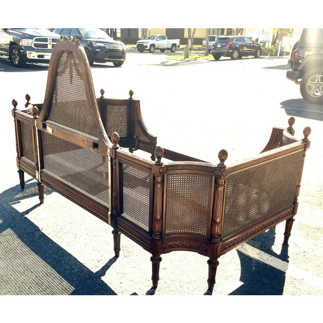 Antique French Cane Daybed With Carved Roses and Velvet Upholstery For Sale - Image 9 of 13