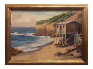 Oil Painting "Oceanscape with Beach Bungalow" Signed H. Rosa, circa 1920-1940