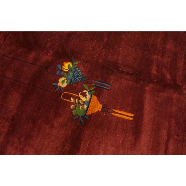 Textile 1920s Red Wine Classic Floral Vase Antique Chinese Art Deco Carpet 9'2" X 11'10" Knotted Pile Wool Rug For Sale - Image 7 of 13