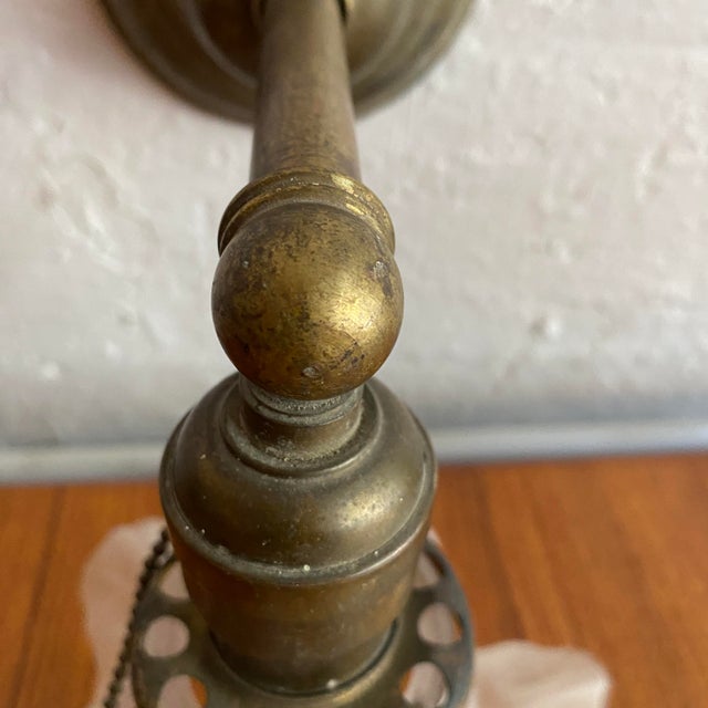 Antique Industrial Brass Wall Sconce With Frosted Ruffle Shade For Sale - Image 10 of 11