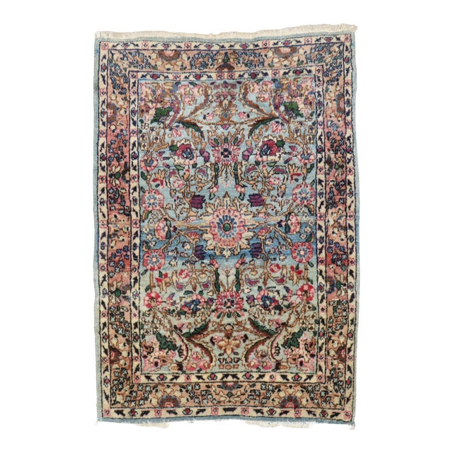 Early 20th Century Traditional Blue Pink Formal Kerman Mat Rug - 2' x 2'9" For Sale
