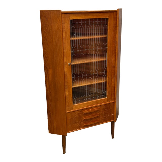 1960s Danish Mid Century Modern Teak Etched Glass Door Corner Cabinet Dry Bar For Sale
