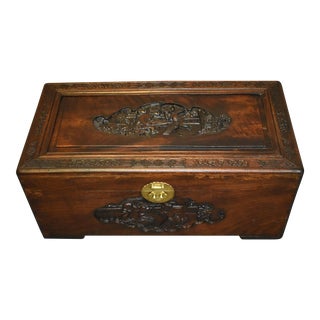Antique Chinese Figural Carved Hand Dovetailed Trunk For Sale