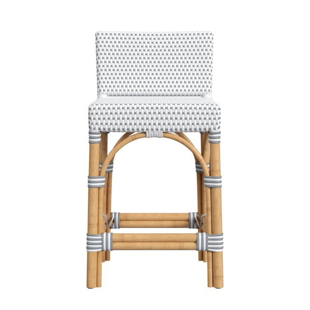 Spritely Home Accent Furniture Serienna 24.5 in. Seat Height Rectangular Rattan Low Back Counter Stool, White/Gray Dot / Natural Rattan Frame For Sale - Image 4 of 8