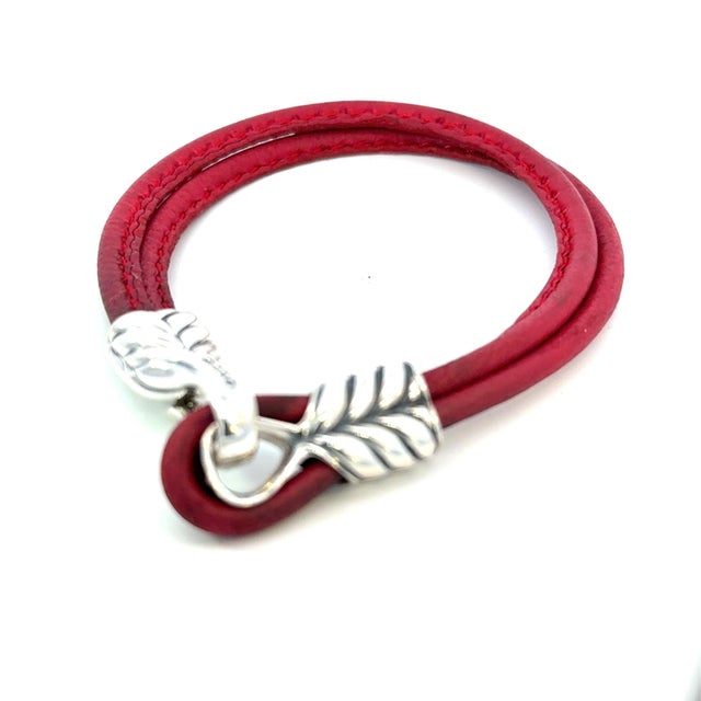 1990s 1990s David Yurman Red Leather Bracelet 9" Sterling Silver Estate For Sale - Image 5 of 7