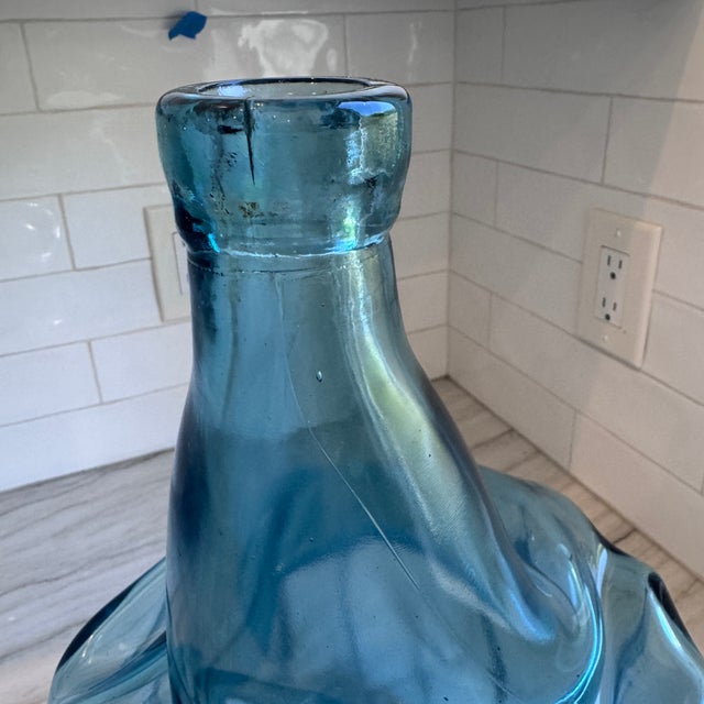Glass Vintage Sculptural Aqua Blue Glass Demijohn Bottle Large MCM Style Art Glass Vase For Sale - Image 7 of 16