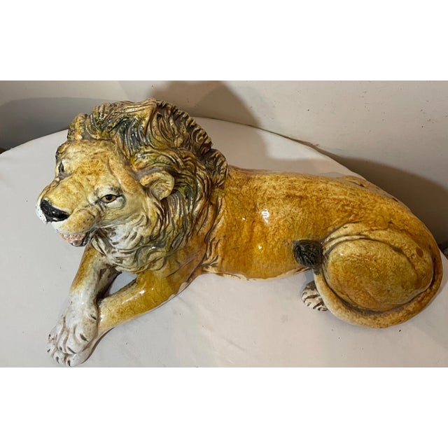 Large Antique Handmade Terracotta Pottery Italian Lion Majolica Sculpture Statue For Sale - Image 4 of 16