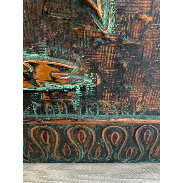 Copper Vintage Mid Century Greek Copper Relief Decorative Panel Artwork by E. Philippakis – Embossed Panel on Wood With Birds and Plant Design For Sale - Image 8 of 11