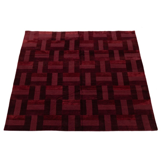 2010s Modern Tibetan Hand-Knotted Wool and Silk Rug in Burgundy Basketweave Pattern For Sale - Image 5 of 10