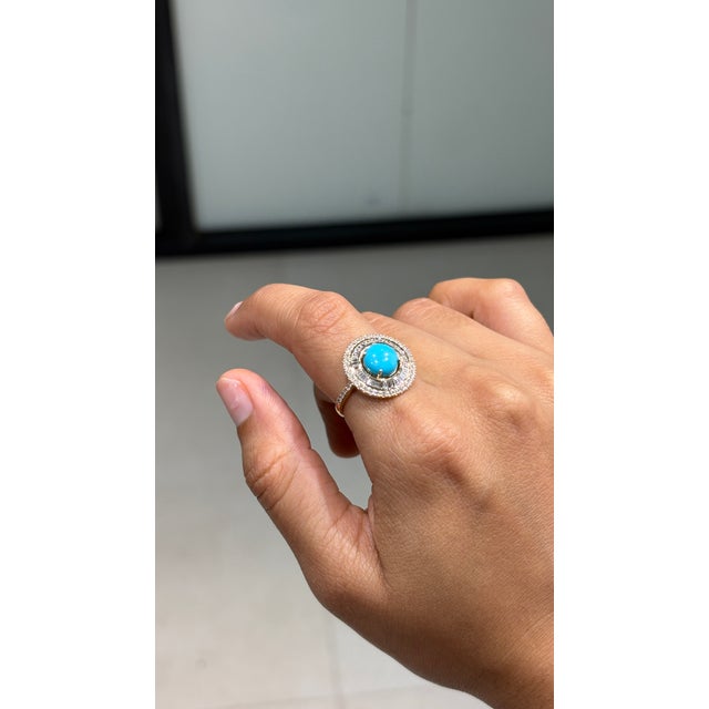 Not Yet Made - Made To Order Art Deco Revival 1.52ct Round Turquoise & Diamond Halo Ring Size 4 in 14k Yellow Gold For Sale - Image 5 of 17
