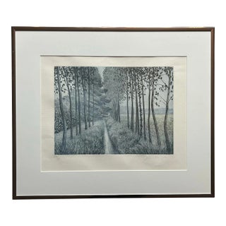 Black & White Framed Etching of Tree Lined Path in Fields Pencil Signed For Sale