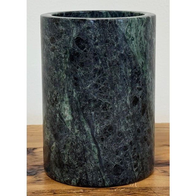 Heavy vintage green marble wine cooler or utensil holder. Measures 7"H. Green tones with cream veining throughout marble....