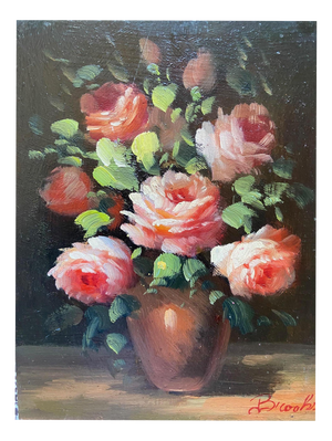 Peter Brooks, Still Life of a Vase of Pink Roses, 1960s, Oil Painting on Board