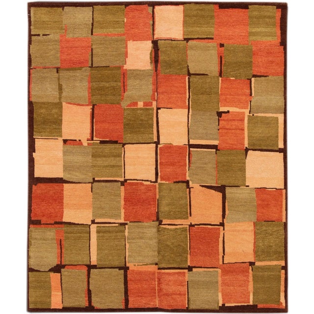 Textile 2010s Modern Wool & Silk Tibetan Rug With Geometric Design in Green & Orange For Sale - Image 7 of 7