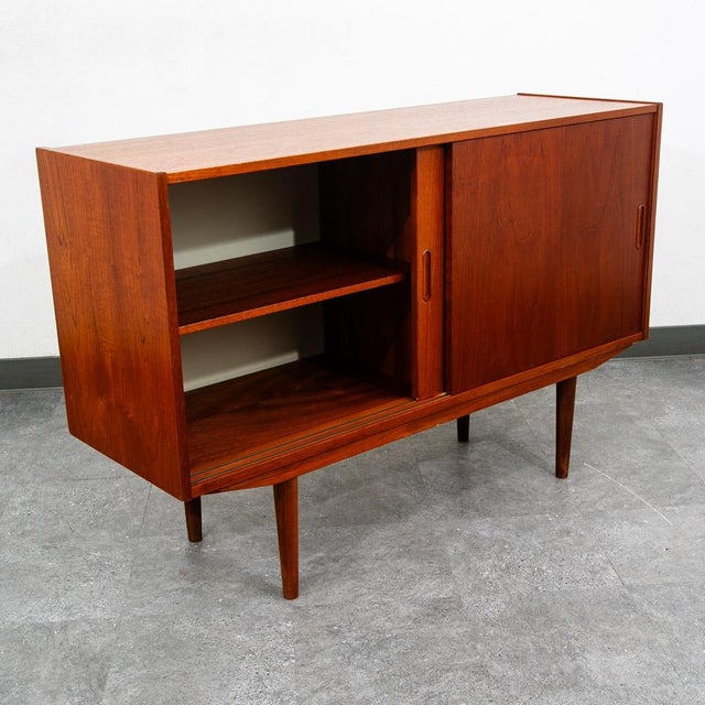 Mid Century Modern Credenza Media Cabinet Teak Sliding Door Compact Denmark For Sale - Image 4 of 12