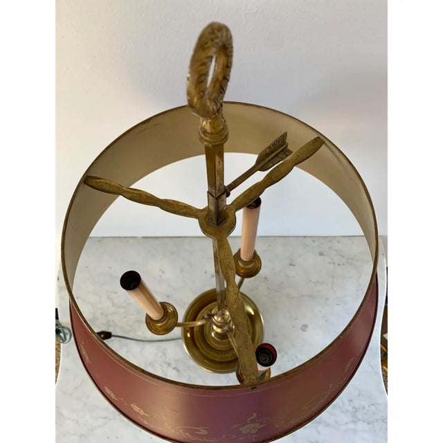 Mid 20th Century French Provincial Louis XVI Brass Three-Arm Bouillotte Lamp With Red Tole Shade For Sale - Image 9 of 11
