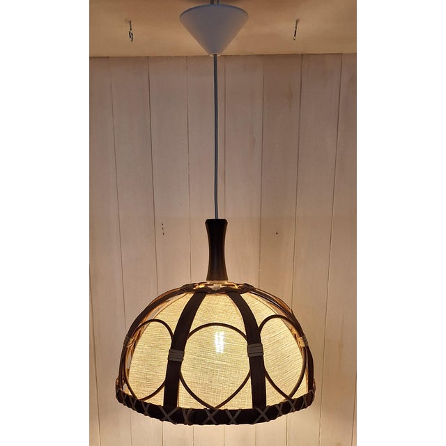 Wood Vintage Teak and Raffia Ceiling Lamp with Beige Wool Shade, 1970s For Sale - Image 7 of 7