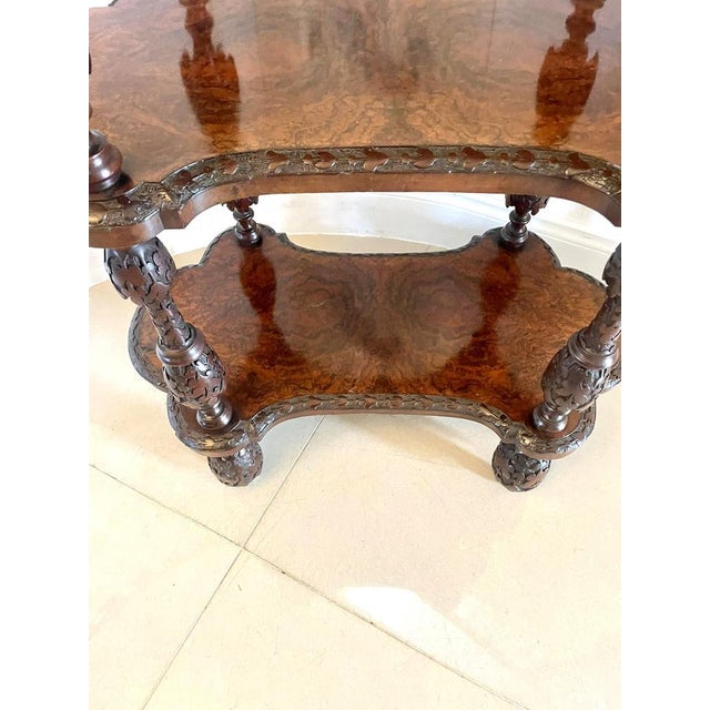 Victorian Iris Exhibition Freestanding Burr Walnut Carved Whatnot, 1850s For Sale - Image 10 of 16