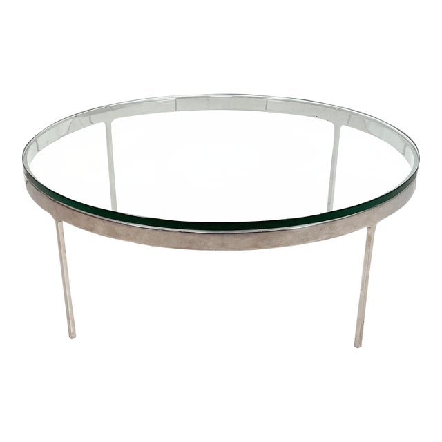 Nicos Zographos Coffee Table in Polished Steel With Glass Top For Sale