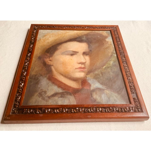 American Circa 1900 American Oil Portrait, Boy in Straw Hat, Attributed to Edgar Cowan For Sale - Image 3 of 18