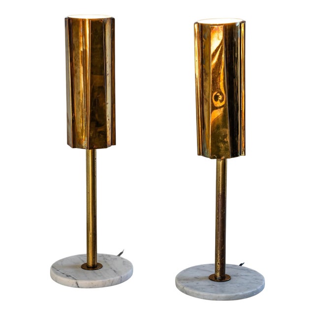 Late 20th Century Pair of Brass and Marble Table Lamps, Probably Italy For Sale