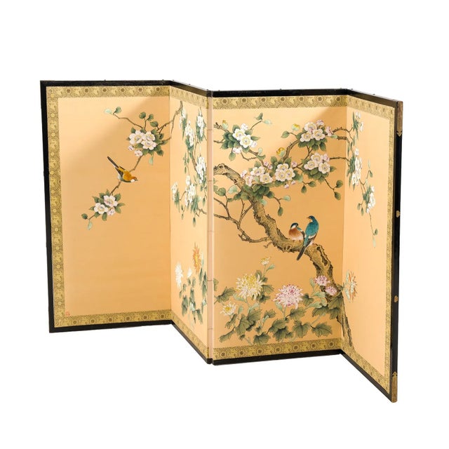 Elegant mid-century Japanese four-panel byōbu screen, hand-painted on silk with flowering branches, chrysanthemums and...