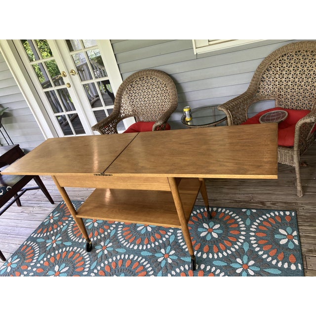 Wood Vintage Scandinavian Mid‑Century Flip‑Top Bar Cart – Solid Oak Serving Trolley on Casters For Sale - Image 7 of 17